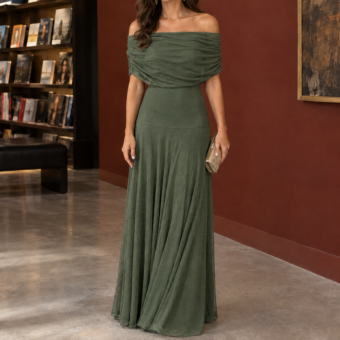 Azalea Off-Shoulder Maxi Dress - Olive Green