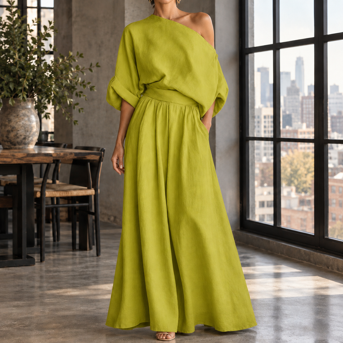 Clarisse Off-Shoulder Set - Yellow Green
