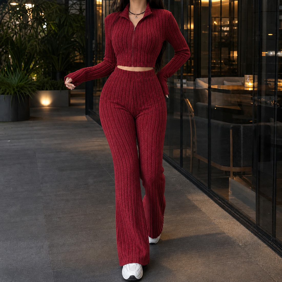 Winifred Ribbed Set - Wine Red