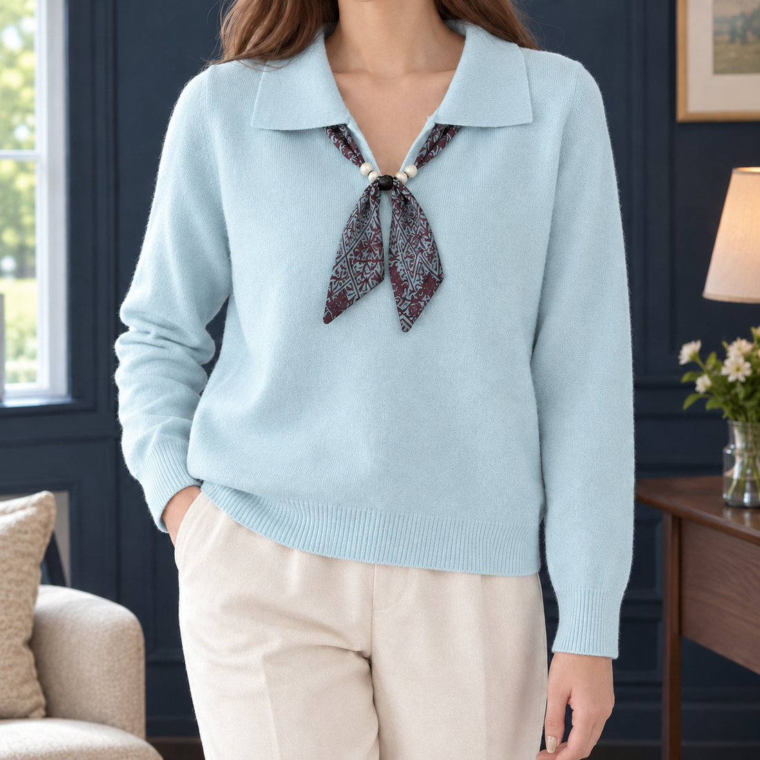 Wilton Scarf Collar Sweater - Light Blue