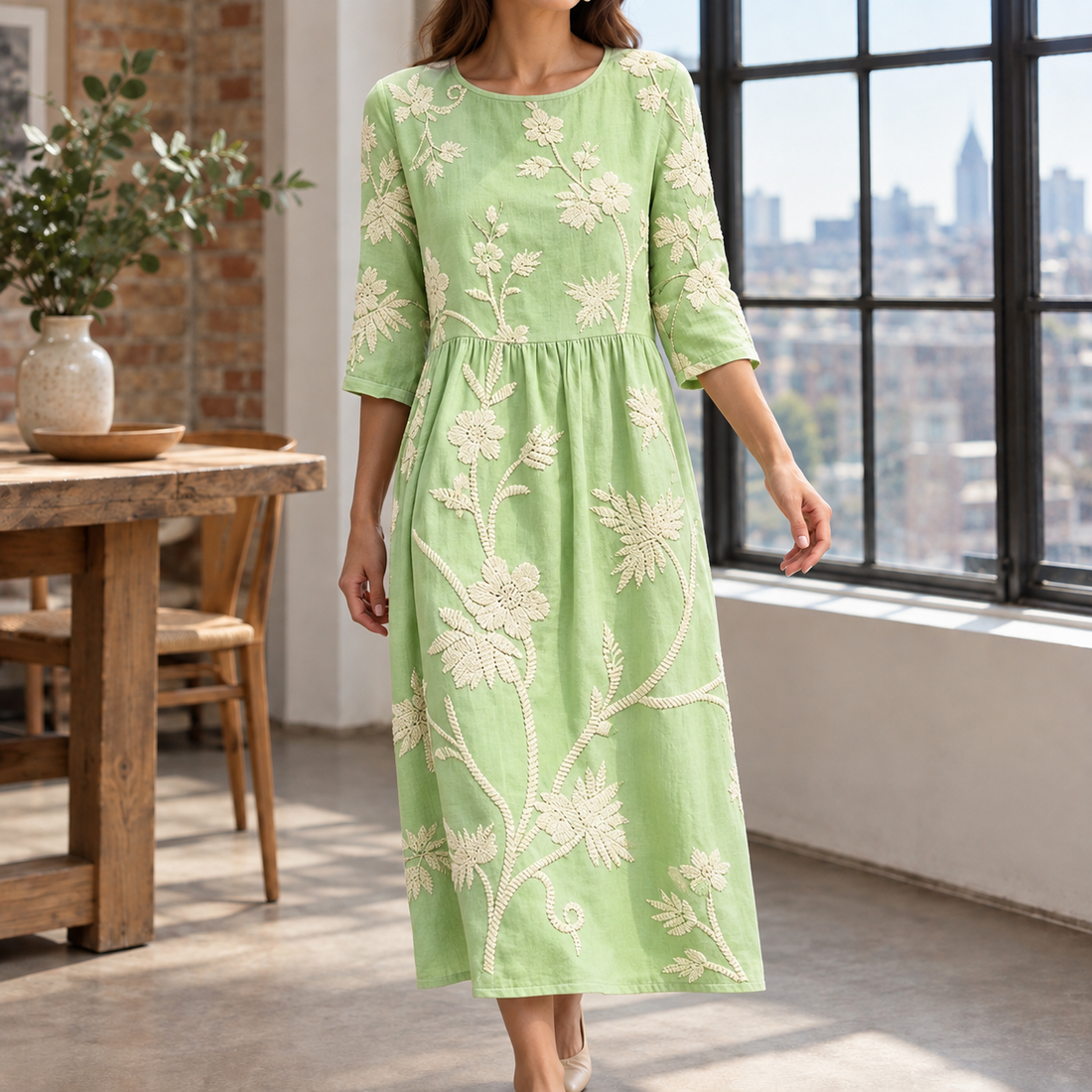 Rebekah Embroidered Midi Dress - Green