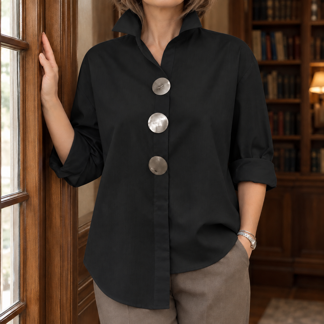 Emilia Stand Collar Blouse - Black