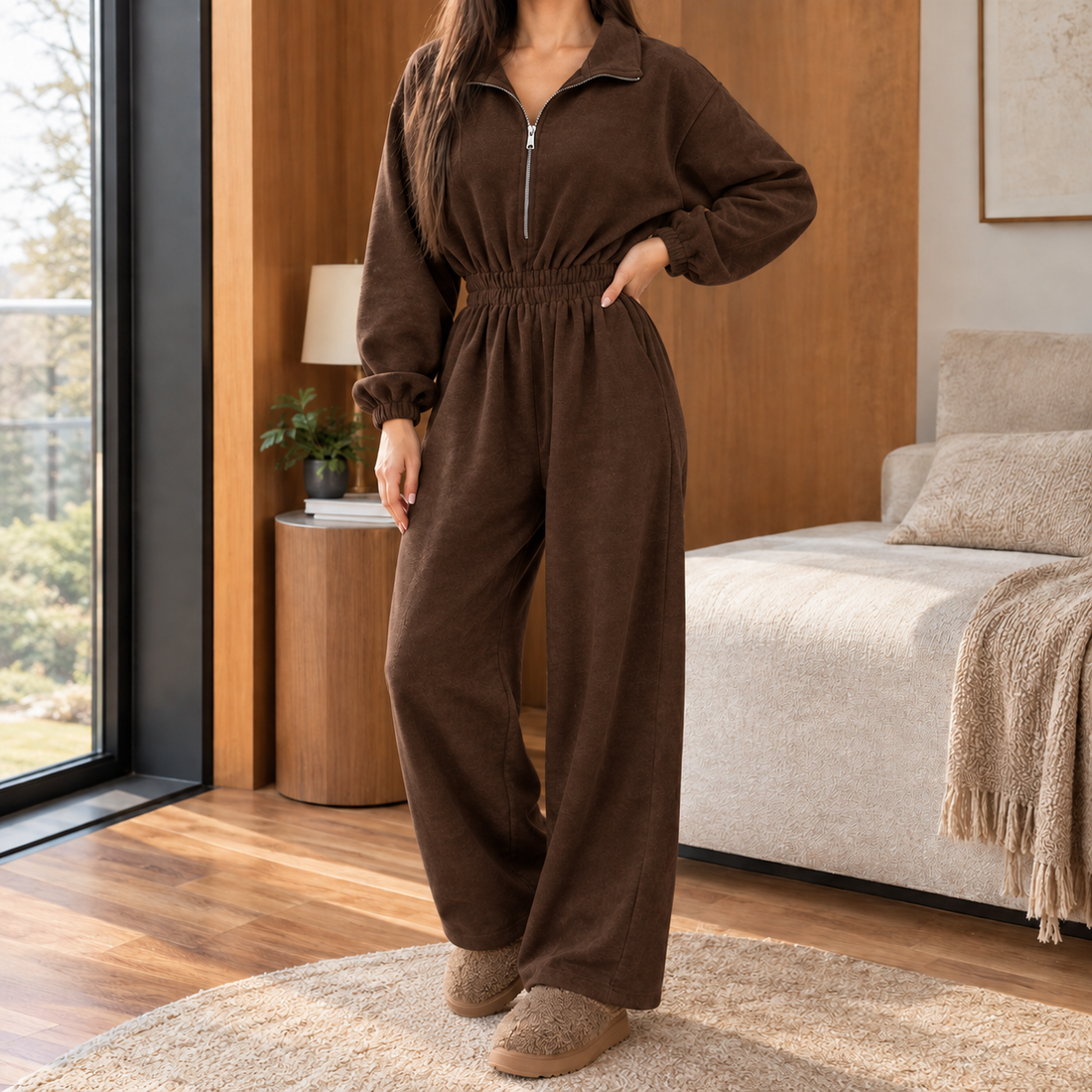 Demelza Half Zip Jumpsuit - Brown