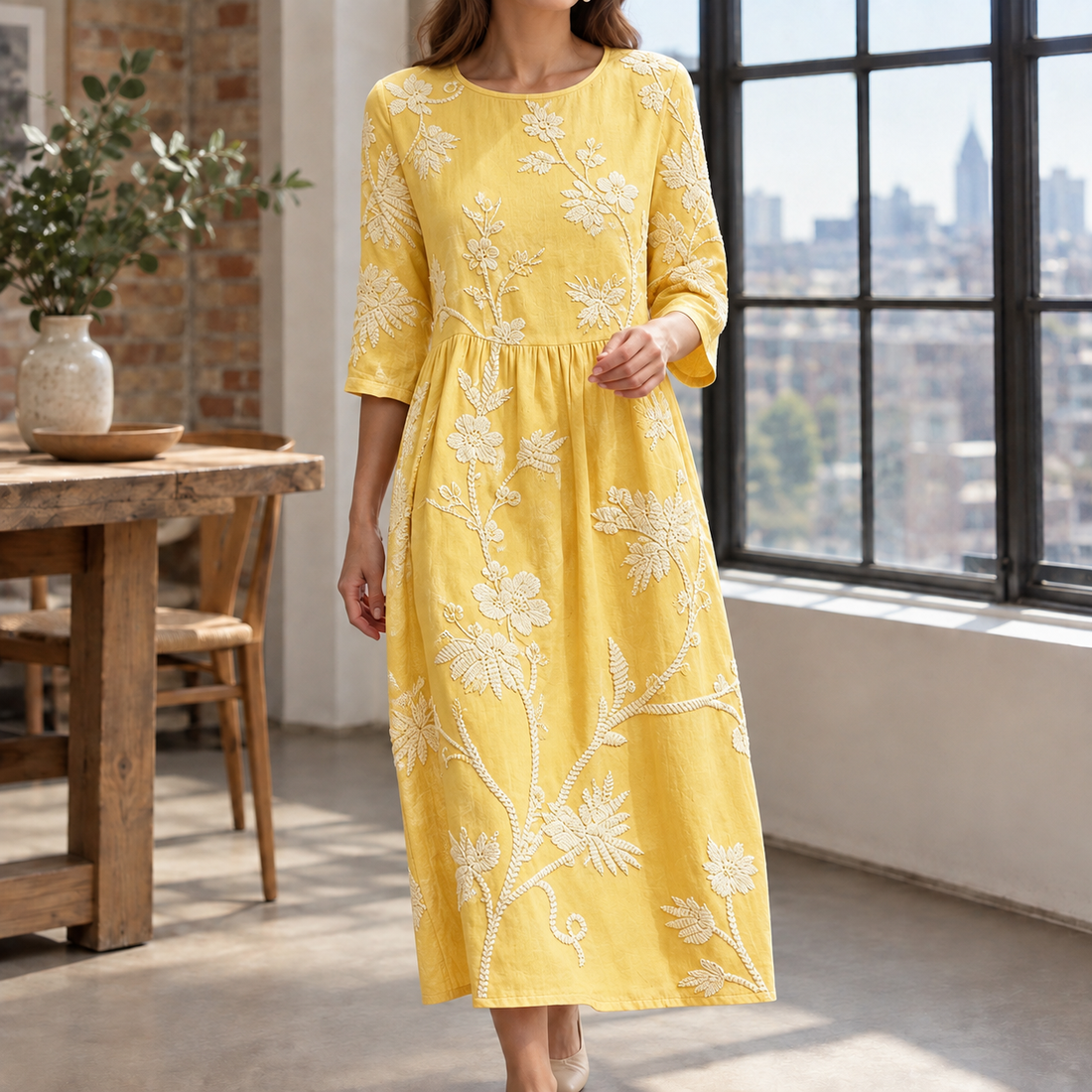 Rebekah Embroidered Midi Dress - Yellow