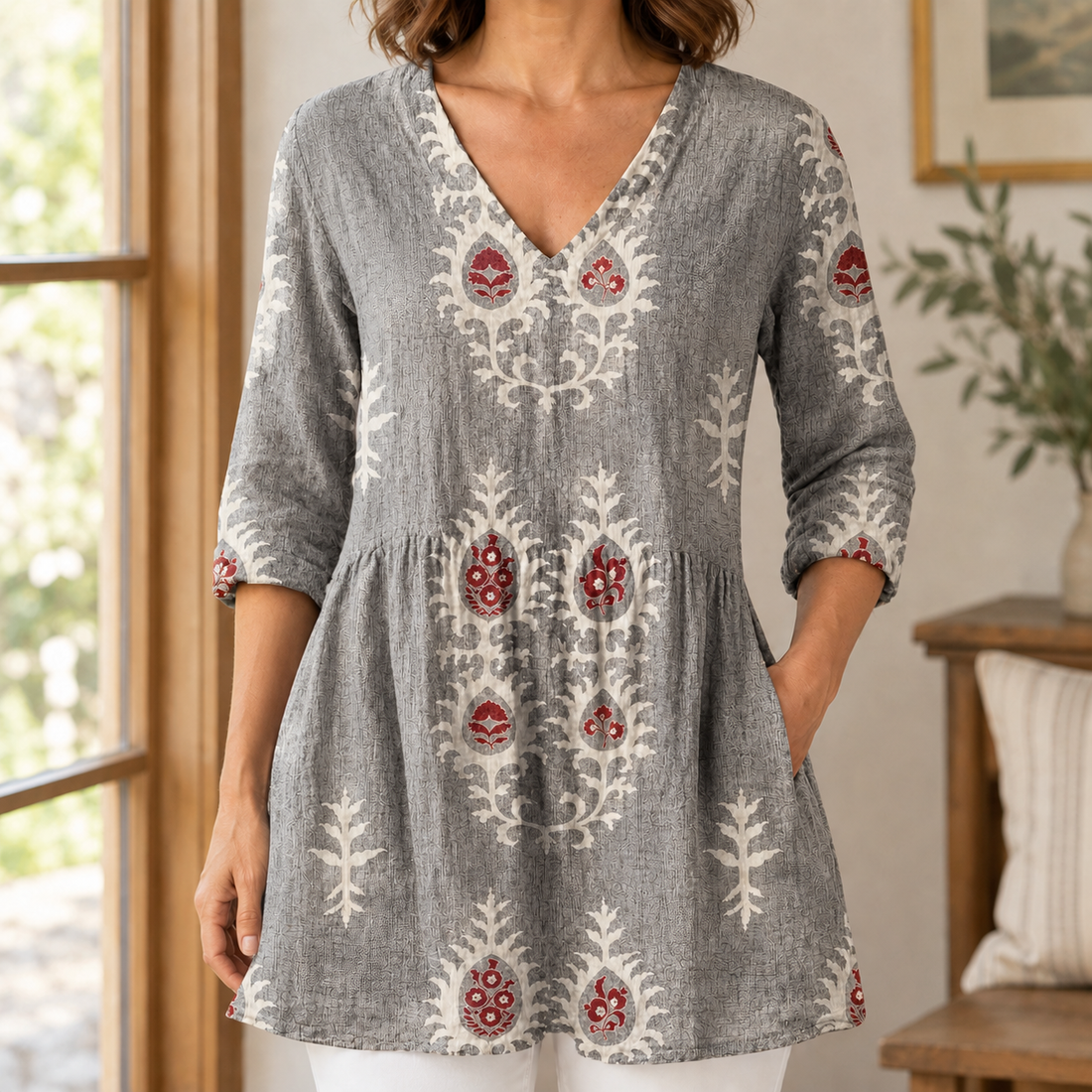 Isabeau V-Neck Blouse - Gray