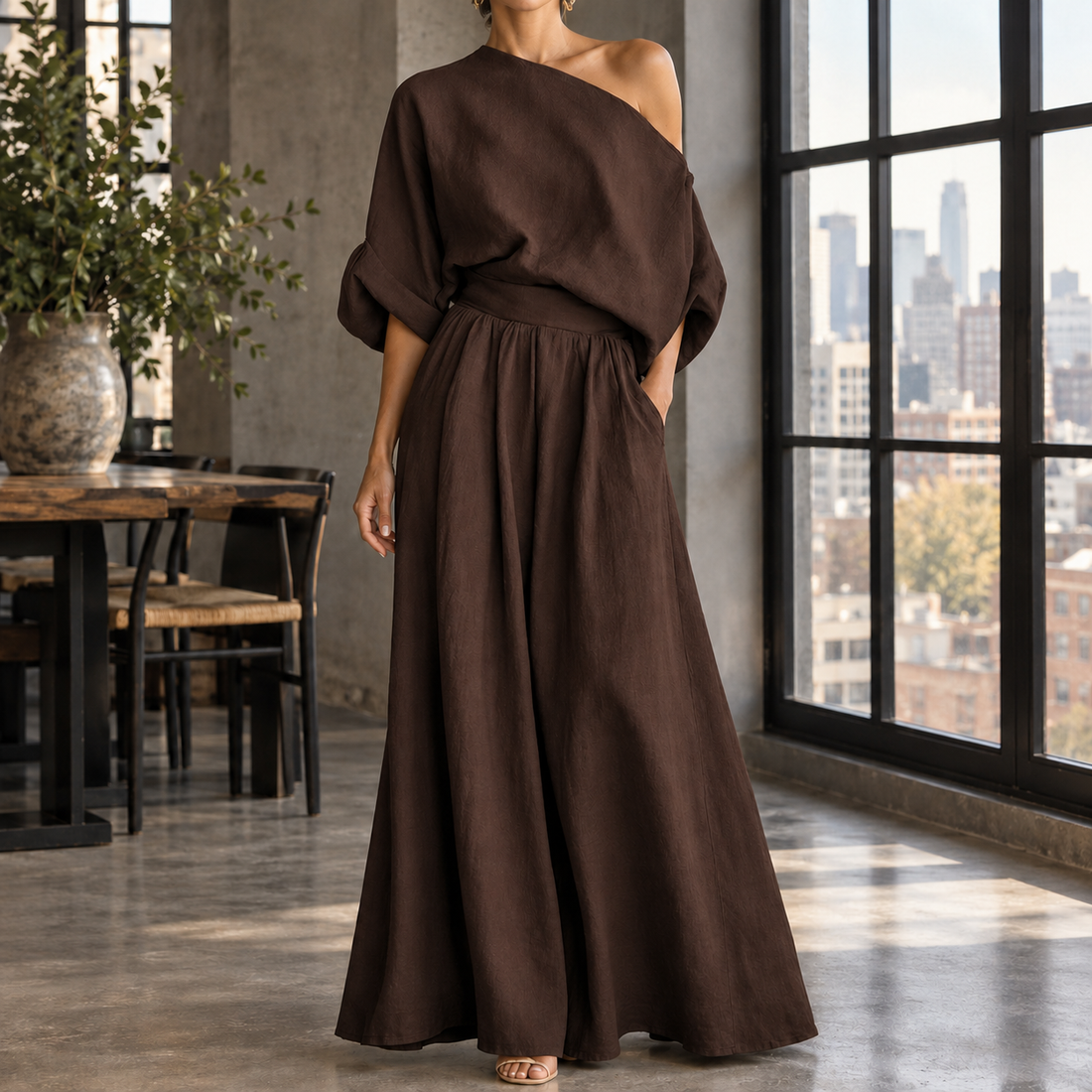 Clarisse Off-Shoulder Set - Dark Brown